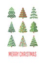 Flat set of Christmas trees. Holidays background. Abstract  line art drawing woods. Vector Holidays illustration Royalty Free Stock Photo