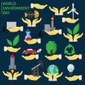 flat set of elements for design palm holds various items of human activities the theme for world environment day, the background Royalty Free Stock Photo