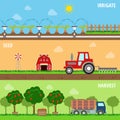 Flat set farm irrigate seed grow harvest process web banners