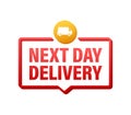 Flat set with red next day delivery on white background for promo design. Business vector icon Royalty Free Stock Photo