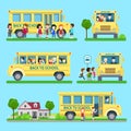 Flat set of school bus situations vector. Royalty Free Stock Photo