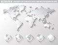 Flat Shadow World map with globes Royalty Free Stock Photo