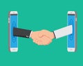 Flat Shaking Hands From Smart Phone like Online Business Royalty Free Stock Photo