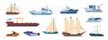 Flat ships. Sailing yachts, marine sailboats and motor ships, ocean transportation types. Vector catamaran and powerboat