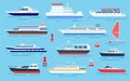 Flat ships. Speed boats, sea transport. Flat cruise yachts, sailboat and motorboat. Cartoon ocean transportation and