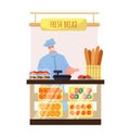 Flat shop with fresh bread, man sell food isolated on white vector illustration. Cartoon product from counter bakery Royalty Free Stock Photo