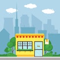 Flat shop store building with city background