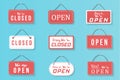 Flat sign open closed, hanging signboard for shop. Royalty Free Stock Photo