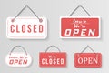 Flat sign open closed, hanging signboard for shop. Royalty Free Stock Photo