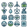 Set of sustainability and green energy icons on white background. Royalty Free Stock Photo