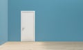 Flat simple turquoise blue wall at right angle with white door and wooden flooring, mockup, template, backdrop