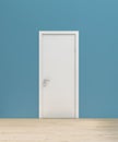 Flat simple turquoise blue wall at right angle with white door and wooden flooring, mockup, template, backdrop