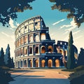 flat simple vector illustration, the coloseum in rome, ancient symbol of the Roman empire in the capital city of Italy.