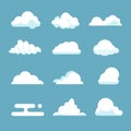 Flat sky cloud. Blue fluffy cartoon shapes white atmosphere cloudy elements vintage abstract overcast. Vector clouds Royalty Free Stock Photo