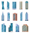 Flat skyscrapers. Exterior of modern city buildings. Residential and business office houses. Downtown facades. Isolated