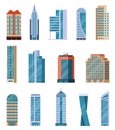 Flat skyscrapers. Modern city tall buildings. Residential and office houses exterior. Apartment blocks isolated cartoon