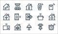 Flat smarthome line icons. linear set. quality vector line set such as alarm, lights, microwave, vision, solar panel, plant,