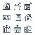 flat smarthome line icons. linear set. quality vector line set such as padlock, smart curtain, gate, plug, phone, settings,