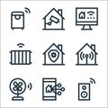 Flat smarthome line icons. linear set. quality vector line set such as speakers, control, fan, wifi, security, temperature,
