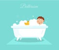 Flat smiling boy with yellow duck taking shower in bath. Cartoon hygiene illustration