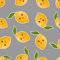 Flat smiling lemons with leave on a gray background. Seamless kawaii fruit pattern.