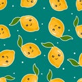 Flat smiling lemons with leaves and white dots on a gray background. Seamless kawaii fruit pattern.