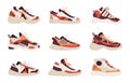 Flat sneakers vector set. Modern trendy fitness shoes, casual male and female footwear. Stylish sportswear flat cartoon vector