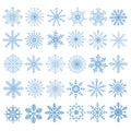 Flat snowflakes. Winter snowflake crystals, christmas snow shapes and frosted cool blue icon, cold xmas season frost snowfall Royalty Free Stock Photo