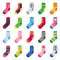 Flat socks. Long sock for child feet, elastic colorful fabric and striped warm kids ankle clothes vector icons set