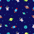 flat space seamless pattern background. Cute colored template with astronaut, spaceship, rocket Royalty Free Stock Photo