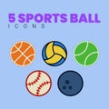 Flat 5 Sports Balls Vector Icon Illustration