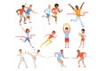 Flat sports people taking part in different competition. Basketball players, karate fighters, tug of war, athletes Royalty Free Stock Photo