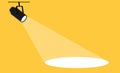 Flat spotlight on yellow background. Hanging projector for advertising poster. Black lamp illumination with empty space. vector