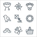 flat spring line icons. linear set. quality vector line set such as basket, butterfly, worm, sunflower, kite, bird, bouquet,