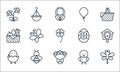 Flat spring line icons. linear set. quality vector line set such as dragonfly, bouquet, chick, chick, bee, food basket, easter egg Royalty Free Stock Photo