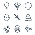 Flat spring line icons. linear set. quality vector line set such as flower, easter egg, flower, tree, kite, chick, tree, bird