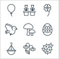 flat spring line icons. linear set. quality vector line set such as ladybug, flower, hanging pot, easter egg, mushrooms, bird,