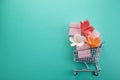 Flat with spring shopping. Holiday shopping. Happy shopper. Shopping cart background.