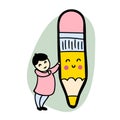 Flat standing student pencil with giant pencil. Drawing, writing, creating, design, blogging concept. Hand drawn vector