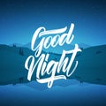 Flat starry mountain lake landscape with type lettering of Good Night