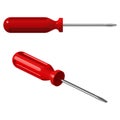 Flat steel screwdriver with red plastic handle, isolated on white background