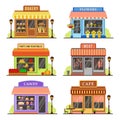 Flat store. Modern shop, boutique shopfront and restaurant facade design. Shopping stores cartoon illustration set