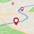 Flat street map with direction. Gps navigation on road town with pins. Simple information scheme of city with river for travel. Royalty Free Stock Photo