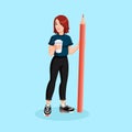 Flat student standing with pencil. Girl with huge pencil and coffee cup. Cartoon character. Vector illustration