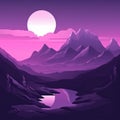 Flat style abstract minimalistic aesthetic mountains landscape background. Purple color shades