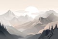 Flat style abstract minimalistic aesthetic mountains landscape background. White and greys colors
