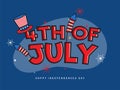 Flat style banner or poster design with illustration of uncle sam hat and fireworks rockets in USA.