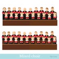 Flat style big mixed choir in two raws with black suits and red cover notes on white