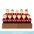 Flat style boys choir in two raws with black suits and red cover notes isolated