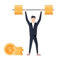 Flat style businessman trying to lifting up barbell with coin weight. Financial strength concept. Royalty Free Stock Photo